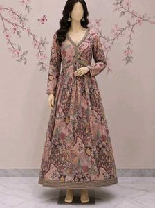 Elegant Printed Anarkali Gown free earings
