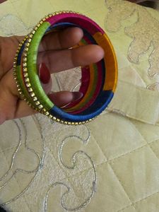 6 Vibrant Silk Thread Bangles with Rhinestones