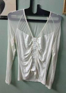 Chic White Ruched Mesh Top