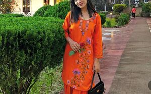 Embroidered Orange Kurta Set