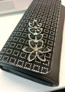 Elegant Black Clutch with Rhinestone Flowers