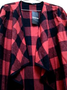 Shein Red &amp; Black Plaid open front long shrug