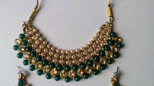 Elegant Emerald Green Kundan Necklace Set