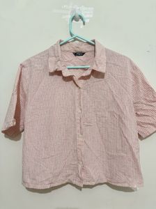 Pink Striped Short Sleeve Button-Up Top