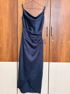 Elegant Navy Blue Satin Midi Dress