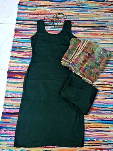 Dark Green Kurta Set with organza dupatta