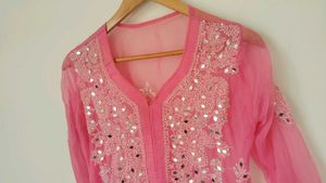 Pink Mirror Work chickenkari kurti