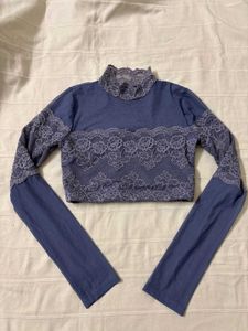 Sheer Lace Crop Detail Mesh Top/ Blouse