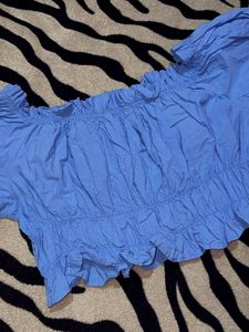 Blue Smocked Off-Shoulder Puff Sleeve Top