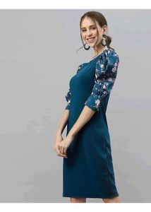 Teal Dress with Floral Puff Sleeves (small)