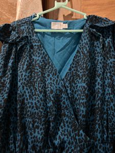 Teal Leopard Print Ruffle Dress