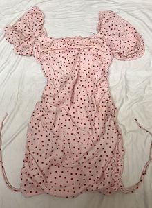 Pink Polka Dot Ruched Mini Dress