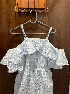 Light Blue Eyelet Cold-Shoulder Korean Dress