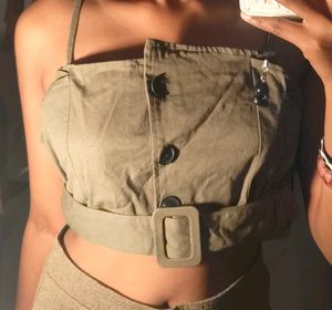 Olive Green  denim Crop Top with Belt