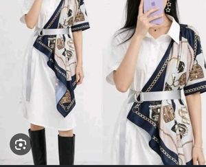 Elegant White Shirt Dress with Scarf Detail
