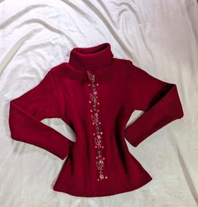 Maroon Turtleneck Sweater with Butterfly Detail