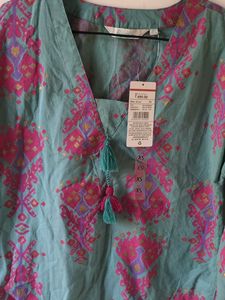 Teal Floral Print Tassel Kurta