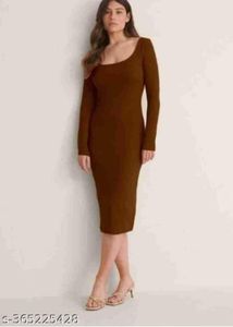 Elegant Brown Long Sleeve Midi Dress