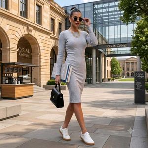 Grey Long Sleeve Bodycon Midi Dress