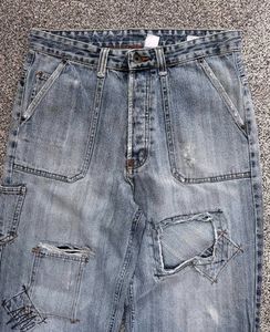 Distressed Patchwork Wide Leg Jeans