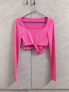 Pink Tie-Front Long Sleeve Crop Top