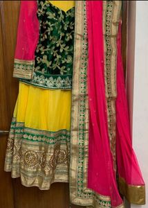 Designer Yellow, Emerald Green &amp; Pink Lehenga Set