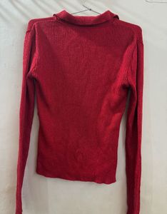 Sparkly Red Collared Long Sleeve Top