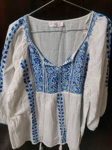 White & Blue Embroidered Boho Short Kurti