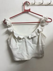 White Ruffled Ribbed Crop Top