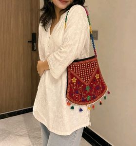 Embroidered Red Clutch Bag with Tassels