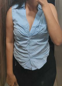 Sleek Blue Ruched Sleeveless Top