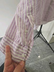 Uniqlo Linen White Lavender Striped Shirt