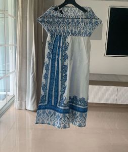 Off  shoulder Blue & White Patterned  Dress