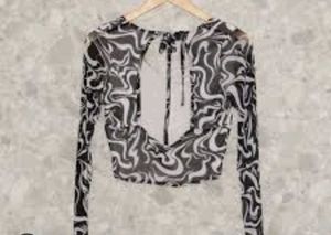 Abstract Print Long Sleeve Crop Top mesh