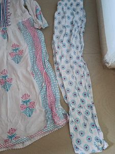 White Kurta Set with Pink &amp; Blue Prints