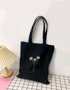 Black Tote Bag with Daisy Embroidery