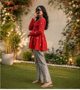 Red Printed Flared Kurti_M