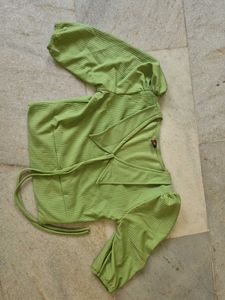 Ribbed Green Puff Sleeve Top
