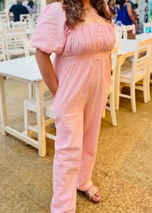Cute Pink Gingham Puff Sleeve jumpsuit