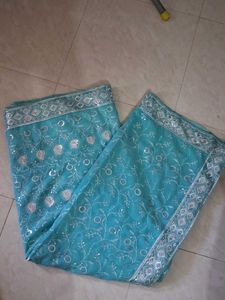 Beautiful Teal Saree with Silver Embroidery