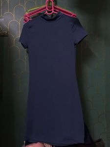 Navy Blue Ribbed Mock Neck Dress