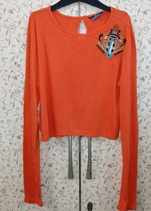 Ajio Orange Long Sleeve crop Top with Embroidery
