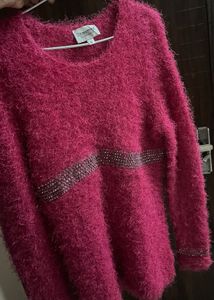 Fuzzy Pink Embellished Sweater