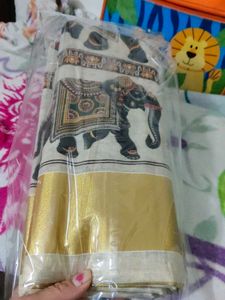 Elephant Print Saree With Blouse Attached