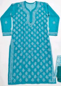 Teal / Turquoise All-Over Floral Chikankari Kurta