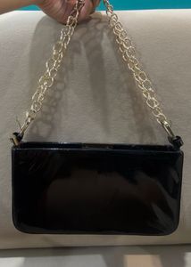 Chic Black Patent Clutch with Gold Chain