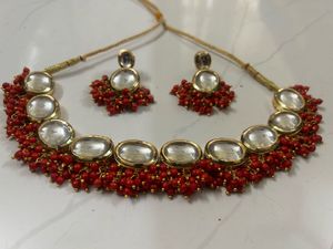 Red Beaded Kundan Necklace Set