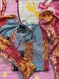 Patchwork Print Smocked Square Neck Top