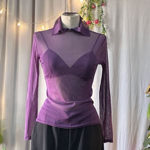 Sheer Purple Collared Long Sleeve Top