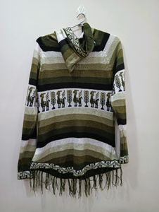 Multi Green Colour Woolen Hoodie Top